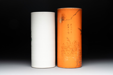 A Chinese qianjiang cai vase with figures in a garden and two hat stands, 19/20th C.