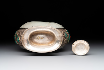 A Chinese jade-inset and hardstone-inlaid silver moonflask and cover in Mongolian style, 19th C.
