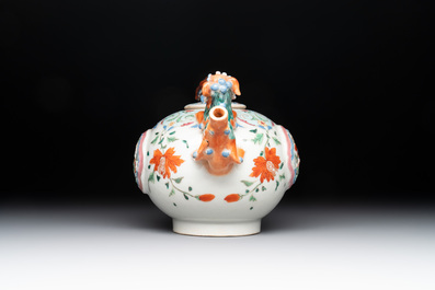 A rare Chinese famille rose double-walled 'Buddhist lions' teapot and cover, Qianlong