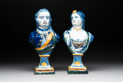 A pair of large polychrome Dutch Delft busts of Stadtholder William V and Wilhelmina, 3rd quarter 18th C.