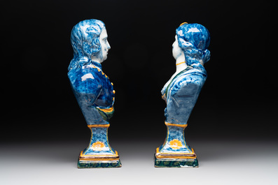 A pair of large polychrome Dutch Delft busts of Stadtholder William V and Wilhelmina, 3rd quarter 18th C.