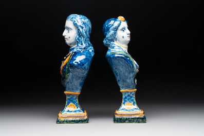 A pair of large polychrome Dutch Delft busts of Stadtholder William V and Wilhelmina, 3rd quarter 18th C.