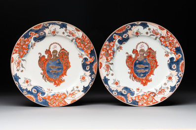 Five Imari-style plates, a dish and an oval charger with the arms of Guillot, Samson, Paris, 19th C.