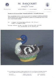 A polychrome Brussels faience duck-shaped tureen and cover, 2nd half 18th C.