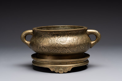 A large Chinese bronze 'Eight Immortals' censer and stand, Xuande mark, 19th C.