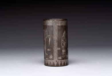 A Chinese bronze tripod censer with cover and stand, a small tripod censer and a silver-inlaid iron brush pot, 19/20th C.