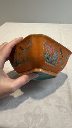 A Chinese coral-red-ground famille rose square bowl and a sgraffito-ruby-ground bowl, Qianlong and Tongzhi mark, 19/20th C.