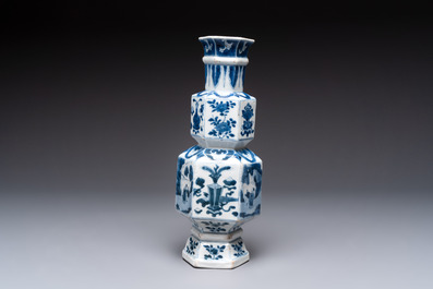 A Chinese blue and white hexagonal vase with figures and antiquities, Kangxi