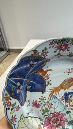 Three Chinese famille rose 'tobacco leaf' plates, Qianlong