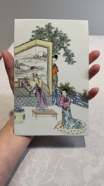 A pair of Chinese rectangular famille rose plaques with figural design and a rectangular qianjiang cai plaque, signed Ziqinshi 梓卿氏, 20th C.