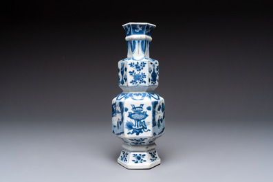 A Chinese blue and white hexagonal vase with figures and antiquities, Kangxi