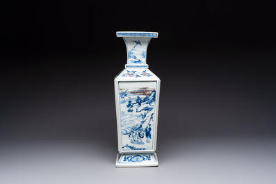A Chinese blue, white and copper-red square-sectioned vase with figural design, Kangxi