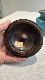 A Chinese turquoise-glazed tripod censer with wooden cover, Ming