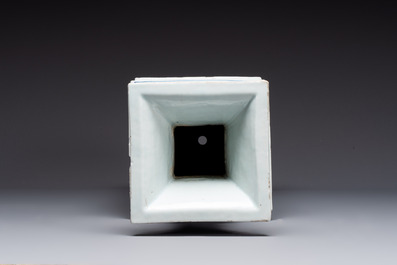 A Chinese blue, white and copper-red square-sectioned vase with figural design, Kangxi
