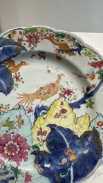 Three Chinese famille rose 'tobacco leaf' plates, Qianlong