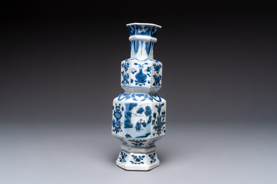 A Chinese blue and white hexagonal vase with figures and antiquities, Kangxi
