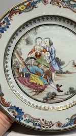 A fine pair of Chinese gilt-decorated famille rose 'Autumn' plates with troubadours, Qianlong