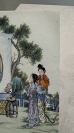 A pair of Chinese rectangular famille rose plaques with figural design and a rectangular qianjiang cai plaque, signed Ziqinshi 梓卿氏, 20th C.