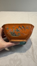 A Chinese coral-red-ground famille rose square bowl and a sgraffito-ruby-ground bowl, Qianlong and Tongzhi mark, 19/20th C.