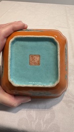 A Chinese coral-red-ground famille rose square bowl and a sgraffito-ruby-ground bowl, Qianlong and Tongzhi mark, 19/20th C.