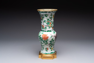 A Chinese famille verte gilt-bronze-mounted 'yenyen' vase with pheasants among flowering branches, Kangxi