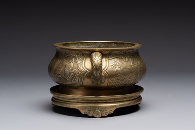 A large Chinese bronze 'Eight Immortals' censer and stand, Xuande mark, 19th C.
