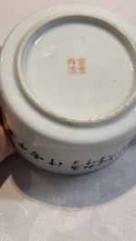A Chinese blue and white 'dragon' brush pot and a qianjiang cai teapot, signed Wang Zhaoli 汪照藜, 19/20th C.