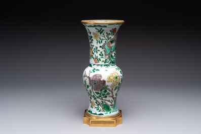 A Chinese famille verte gilt-bronze-mounted 'yenyen' vase with pheasants among flowering branches, Kangxi