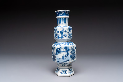 A Chinese blue and white hexagonal vase with figures and antiquities, Kangxi