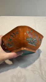 A Chinese coral-red-ground famille rose square bowl and a sgraffito-ruby-ground bowl, Qianlong and Tongzhi mark, 19/20th C.
