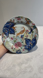 Three Chinese famille rose 'tobacco leaf' plates, Qianlong