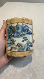 A Chinese famille rose 'faux-marbre' quadrifoil brush pot, Qianlong mark, 19th C.