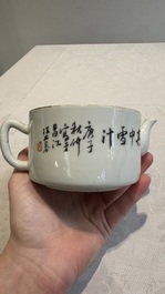 A Chinese blue and white 'dragon' brush pot and a qianjiang cai teapot, signed Wang Zhaoli 汪照藜, 19/20th C.
