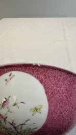 A Chinese coral-red-ground famille rose square bowl and a sgraffito-ruby-ground bowl, Qianlong and Tongzhi mark, 19/20th C.
