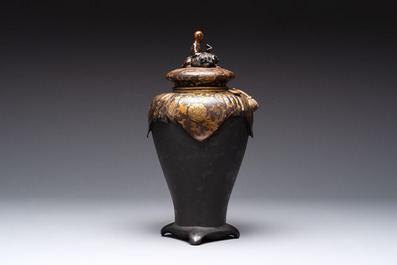 A fine Japanese gilt bronze vase and cover with the tiger taming Arhat, signed Akasofu Gyoko 曉光, Meiji, 19th C.