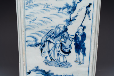 A Chinese blue, white and copper-red square-sectioned vase with figural design, Kangxi