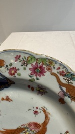 Three Chinese famille rose 'tobacco leaf' plates, Qianlong