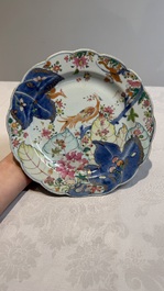 Two Chinese famille rose 'tobacco leaf' plates, Qianlong