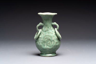 A Chinese Longquan celadon 'shou' vase with handles, Ming