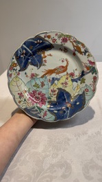 Three Chinese famille rose 'tobacco leaf' plates, Qianlong