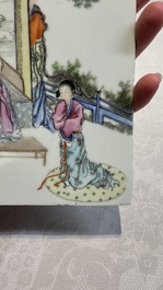 A pair of Chinese rectangular famille rose plaques with figural design and a rectangular qianjiang cai plaque, signed Ziqinshi 梓卿氏, 20th C.