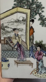 A pair of Chinese rectangular famille rose plaques with figural design and a rectangular qianjiang cai plaque, signed Ziqinshi 梓卿氏, 20th C.