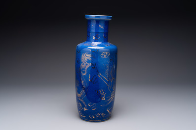 A Chinese gilt-decorated powder-blue 'dragon and phoenix' rouleau vase, 19th C.
