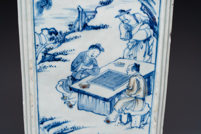 A Chinese blue, white and copper-red square-sectioned vase with figural design, Kangxi