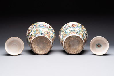 A rare pair of polychrome Dutch Delft chinoiserie jars and covers, 18th C.