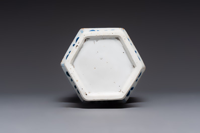 A Chinese blue and white hexagonal vase with figures and antiquities, Kangxi