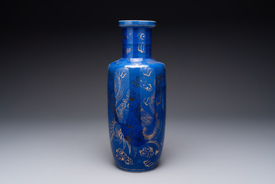 A Chinese gilt-decorated powder-blue 'dragon and phoenix' rouleau vase, 19th C.
