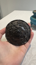 A Chinese turquoise-glazed tripod censer with wooden cover, Ming