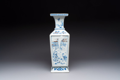 A Chinese blue, white and copper-red square-sectioned vase with figural design, Kangxi