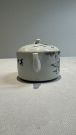 A Chinese blue and white 'dragon' brush pot and a qianjiang cai teapot, signed Wang Zhaoli 汪照藜, 19/20th C.
